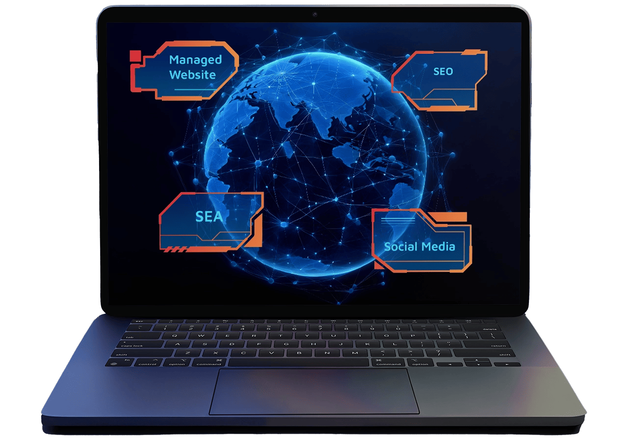 Laptop mit der Welt des Online-Marketings